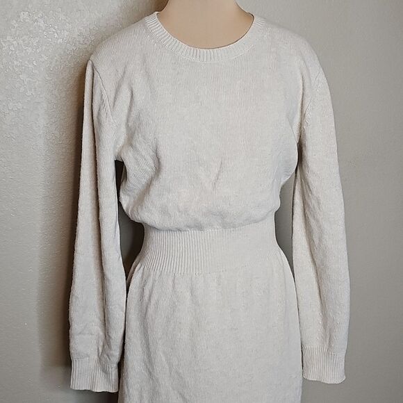 Theory Ivory Heather Rib Waist Wool Cashmere Long Sleeve Dress Large - Picture 3 of 10